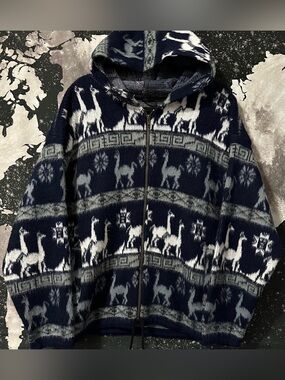 Hand Knit Ecuador Alpaca Wool Llama Zip Up Hoodie